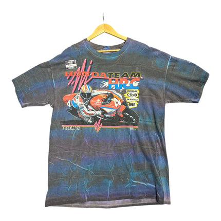 OutOf10 vintage Honda Team HRC motorcycle racing graphic t-shirt with a dark tie-dye wash and crew neck design.