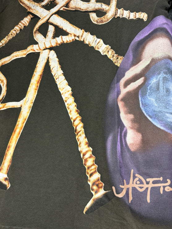 OutOf10 HOTEL 1171 olive cotton t-shirt featuring a hooded figure, glowing orb, and metallic nail graphic print.