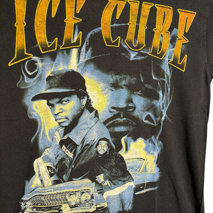 OutOf10 black cotton crewneck t-shirt featuring a vintage Ice Cube graphic with yellow and blue rapper imagery.