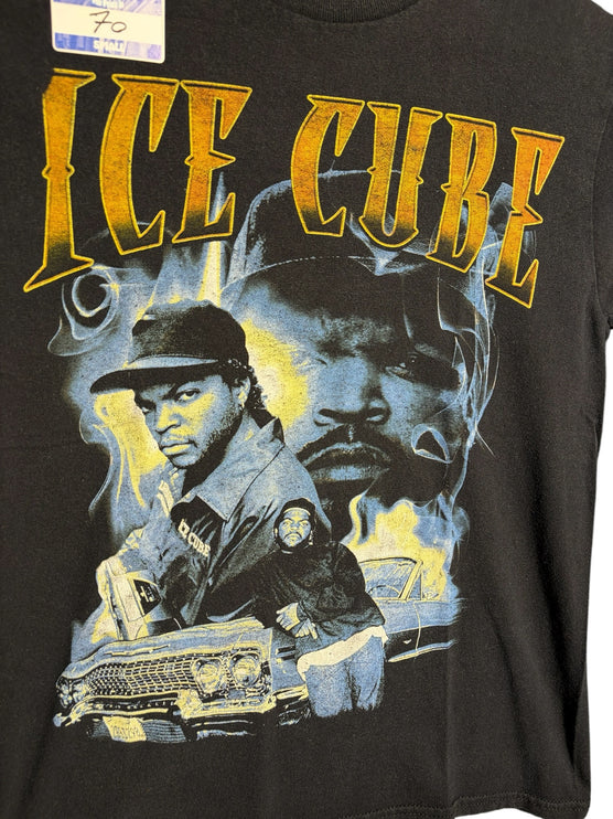 OutOf10 black cotton crewneck t-shirt featuring a vintage Ice Cube graphic with yellow and blue rapper imagery.
