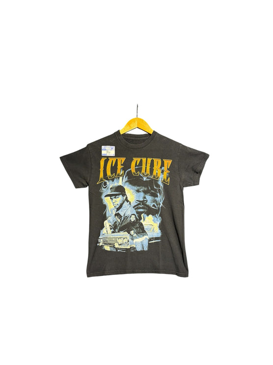 OutOf10 vintage black cotton crewneck t-shirt featuring a vibrant Ice Cube graphic print with classic car imagery.