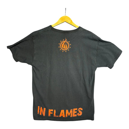 OutOf10 black cotton In Flames band t-shirt with orange distressed circular emblem and logo on the back