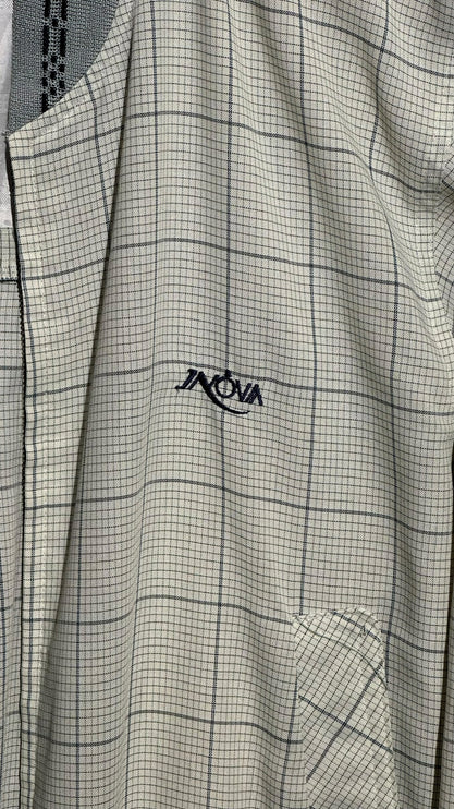 OutOf10 INOVA casual bomber jacket featuring a neutral grid-check pattern and embroidered chest logo