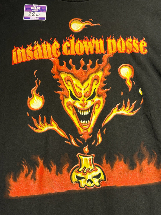 OutOf10 black cotton t-shirt featuring a vibrant Insane Clown Posse flaming jester and skull candle graphic print