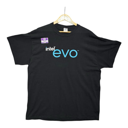 OutOf10 black cotton crewneck t-shirt featuring the Intel Evo logo in white and blue on the front