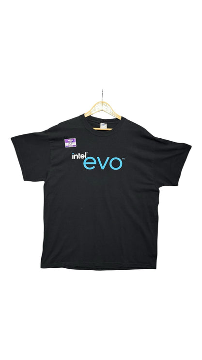 OutOf10 black cotton crewneck t-shirt featuring the Intel Evo logo in white and blue on the front