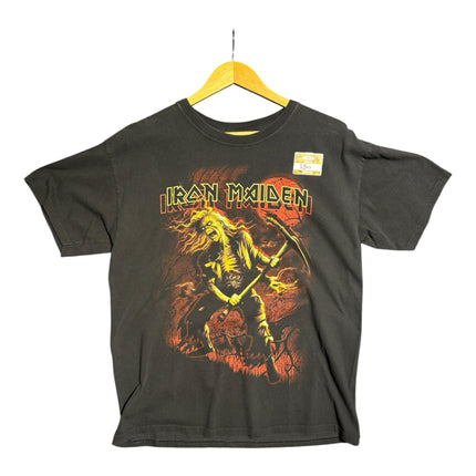 OutOf10 black cotton Iron Maiden graphic t-shirt featuring a yellow and red Eddie print on a wooden hanger
