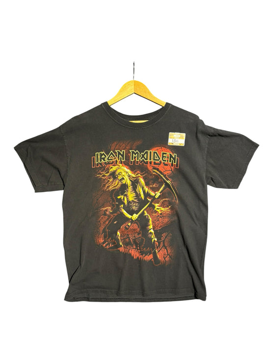 OutOf10 black cotton Iron Maiden graphic t-shirt featuring a yellow and red Eddie print on a wooden hanger