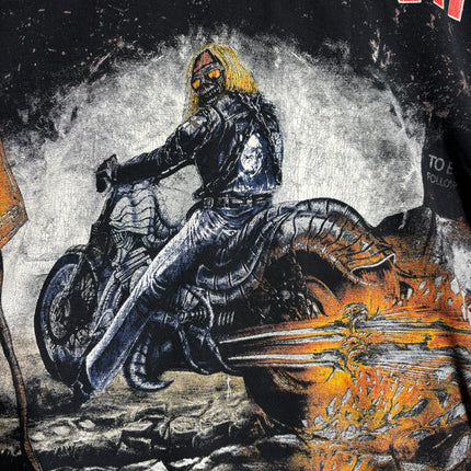 OutOf10 black long-sleeve cotton t-shirt featuring a detailed Iron Maiden Eddie motorcycle graphic print
