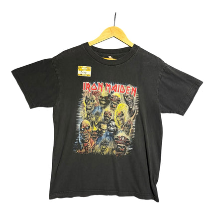 OutOf10 black cotton Iron Maiden t-shirt featuring a vintage Eddie mascot graphic print on a wooden hanger