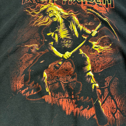 OutOf10 black cotton t-shirt featuring a vibrant yellow and red Iron Maiden Eddie graphic print on the front