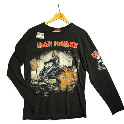 OutOf10 black long sleeve cotton t-shirt featuring an Iron Maiden Eddie motorcycle graphic on the front and sleeve.
