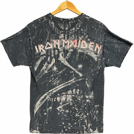 OutOf10 vintage black Iron Maiden graphic t-shirt with distressed Eddie print and chain-link background on a hanger.