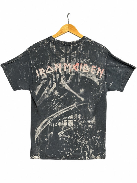 OutOf10 vintage black Iron Maiden graphic t-shirt with distressed Eddie print and chain-link background on a hanger.