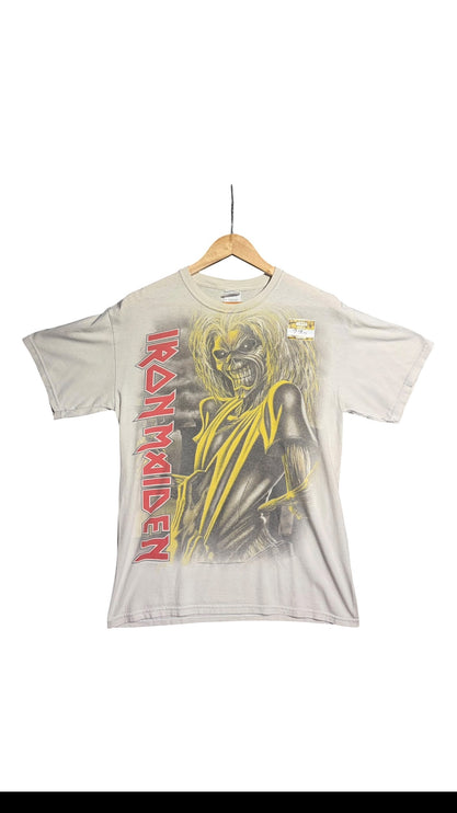 OutOf10 vintage light grey Iron Maiden graphic t-shirt featuring the band mascot Eddie and a bold red logo