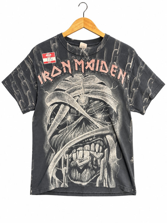 OutOf10 vintage Iron Maiden band t-shirt in washed black cotton with a detailed Eddie mummy graphic print