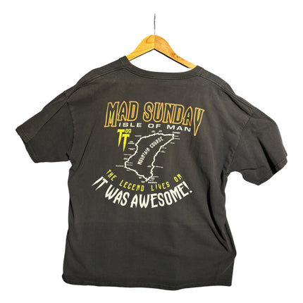 OutOf10 charcoal grey cotton t-shirt featuring a vintage Isle of Man TT Mad Sunday Mountain Course map graphic on back