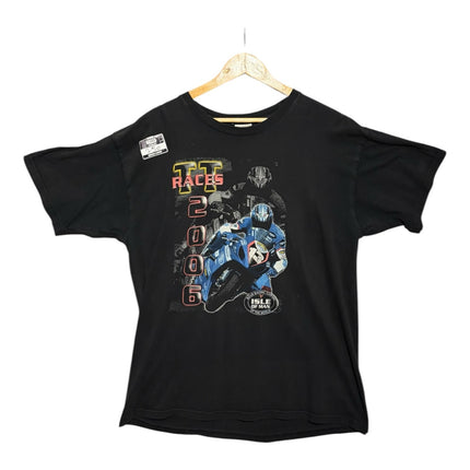 OutOf10 black cotton t-shirt featuring a 2006 Isle of Man TT motorcycle racing graphic on the front