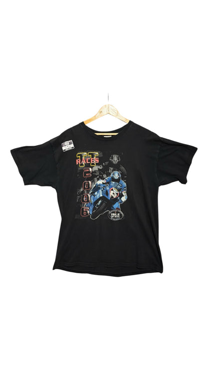 OutOf10 black cotton t-shirt featuring a 2006 Isle of Man TT motorcycle racing graphic on the front