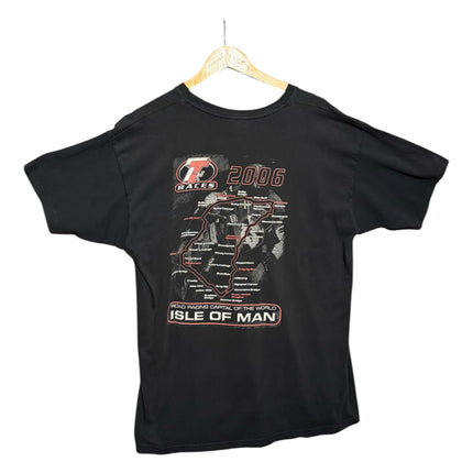 OutOf10 black cotton t-shirt featuring a 2006 Isle of Man TT race map graphic on the back