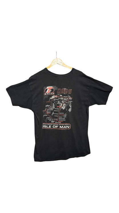 OutOf10 black cotton t-shirt featuring a 2006 Isle of Man TT race map graphic on the back