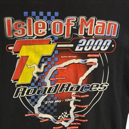OutOf10 black cotton t-shirt featuring a vintage Isle of Man 2000 Road Races graphic with a detailed circuit map.