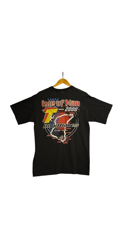 OutOf10 black vintage Isle of Man 2000 Road Races graphic t-shirt featuring a detailed motorcycle circuit map on back