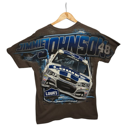 OutOf10 charcoal cotton crewneck t-shirt featuring a vintage Jimmie Johnson #48 Lowe's NASCAR graphic print.