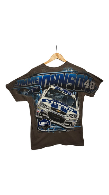 OutOf10 charcoal cotton crewneck t-shirt featuring a vintage Jimmie Johnson #48 Lowe's NASCAR graphic print.