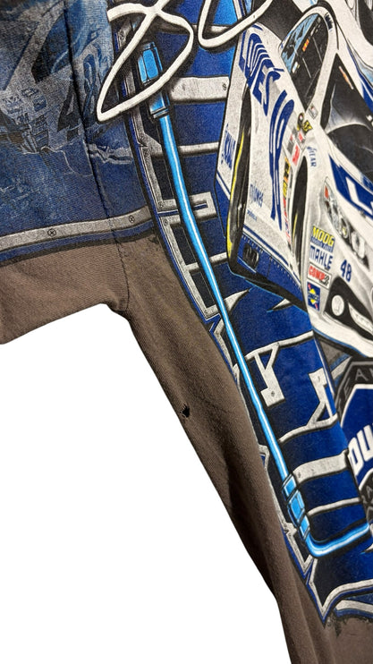 OutOf10 vintage Jimmie Johnson NASCAR graphic t-shirt in charcoal with blue and white #48 race car print and arm hole