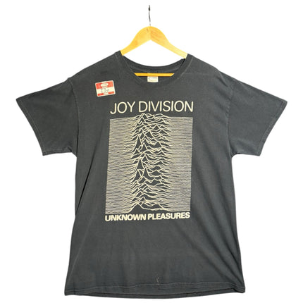 OutOf10 black Joy Division Unknown Pleasures graphic crewneck t-shirt with white pulsar wave print on a wooden hanger