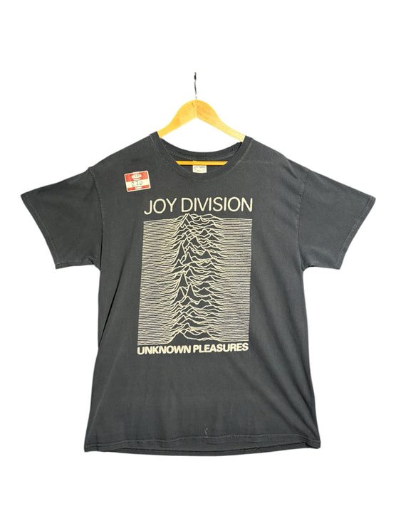 OutOf10 black Joy Division Unknown Pleasures graphic crewneck t-shirt with white pulsar wave print on a wooden hanger