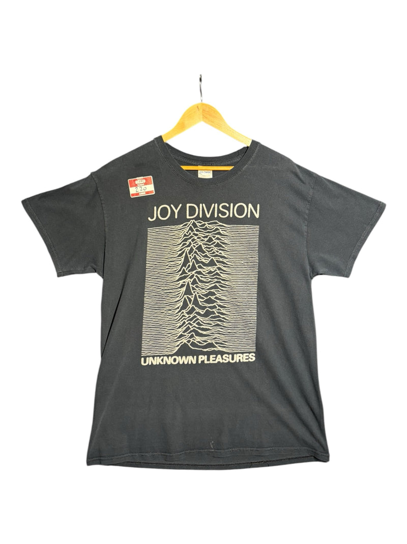 OutOf10 black Joy Division Unknown Pleasures graphic crewneck t-shirt with white pulsar wave print on a wooden hanger
