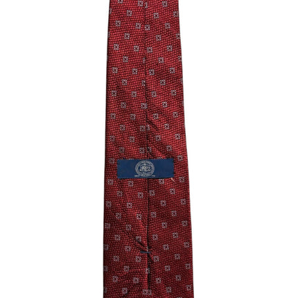 OutOf10 J.PRESS deep red silk necktie featuring a subtle white geometric micro-pattern and branded label on the back