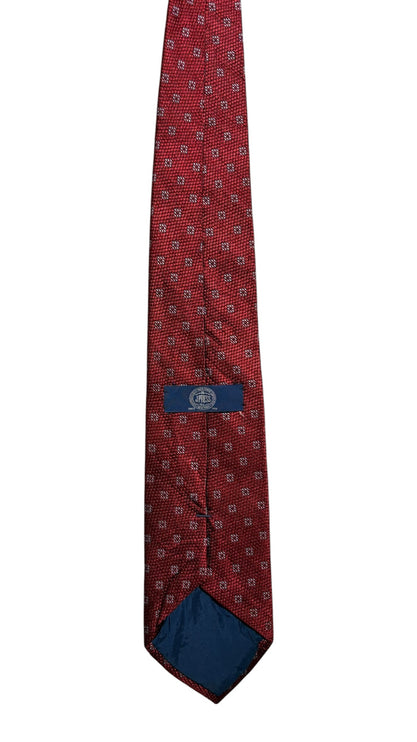 OutOf10 J.PRESS deep red silk necktie featuring a subtle white geometric micro-pattern and branded label on the back