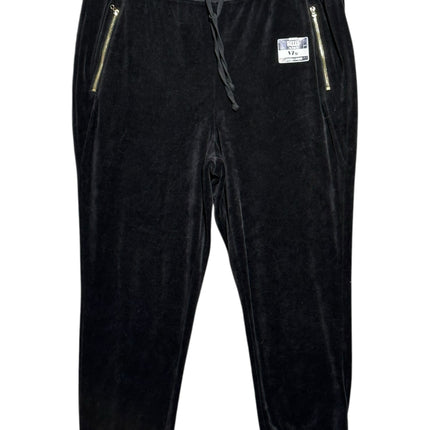 OutOf10 Juicy Couture Black Label black velour jogger pants with gold-tone zippered pockets and drawstring waist.