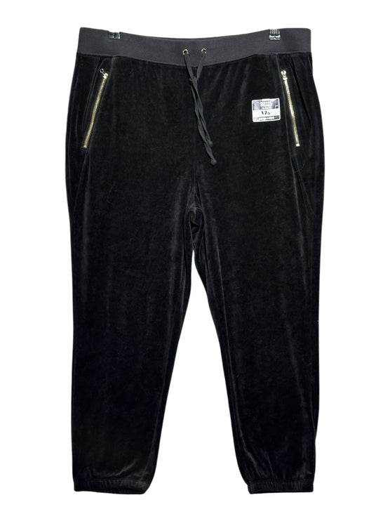 OutOf10 Juicy Couture Black Label black velour jogger pants with gold-tone zippered pockets and drawstring waist.