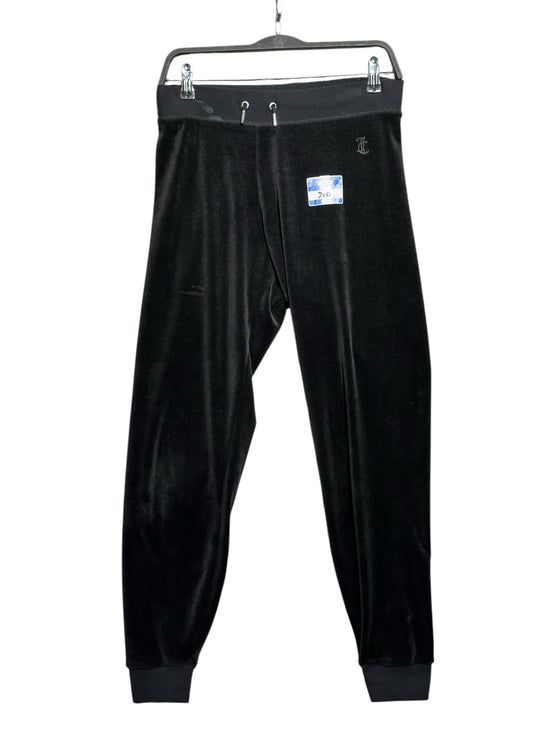 OutOf10 black Juicy Couture velour lounge jogger pants with an elastic drawstring waistband and ribbed ankle cuffs.