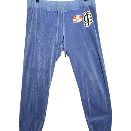 OutOf10 Juicy Couture periwinkle blue velour lounge jogger pants with elastic drawstring waist and JC logo patch