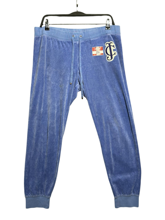 OutOf10 Juicy Couture periwinkle blue velour lounge jogger pants with elastic drawstring waist and JC logo patch