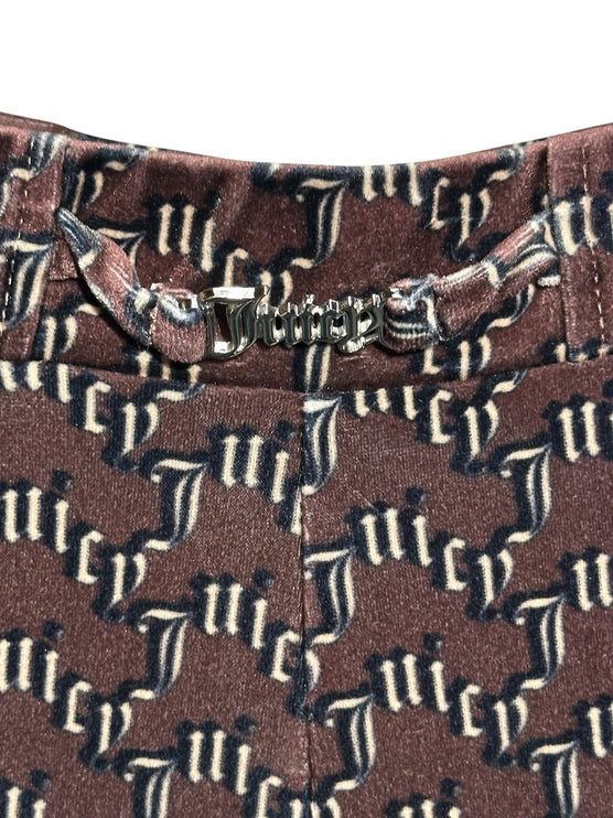 OutOf10 Juicy Couture brown velour trousers with monogram print and silver-tone logo hardware at the waistband.