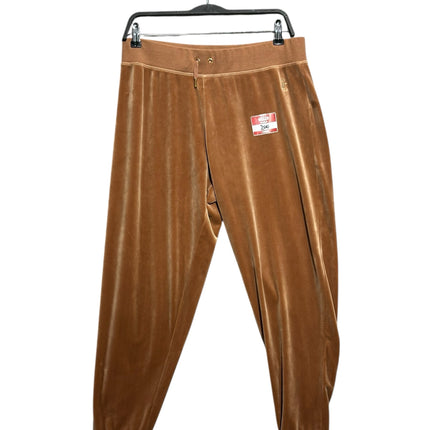 OutOf10 Juicy Couture Sport mocha brown velour joggers with elastic waistband and ribbed cuffs on a hanger