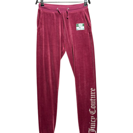 OutOf10 Juicy Couture burgundy velour joggers with a glitter logo on the leg, elastic drawstring waist, and ribbed cuffs