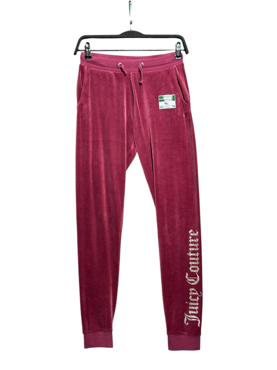 OutOf10 Juicy Couture burgundy velour joggers with a glitter logo on the leg, elastic drawstring waist, and ribbed cuffs