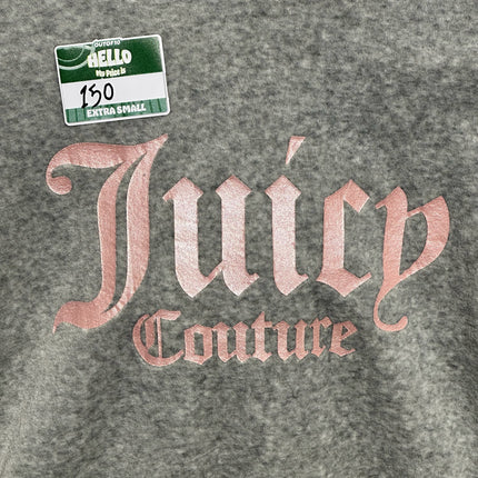 OutOf10 heather grey Juicy Couture velour hoodie with metallic pink logo lettering and an attached price tag