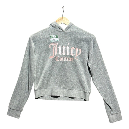 OutOf10 Juicy Couture heather grey velour cropped hoodie with metallic pink logo on chest hanging on a wooden hanger