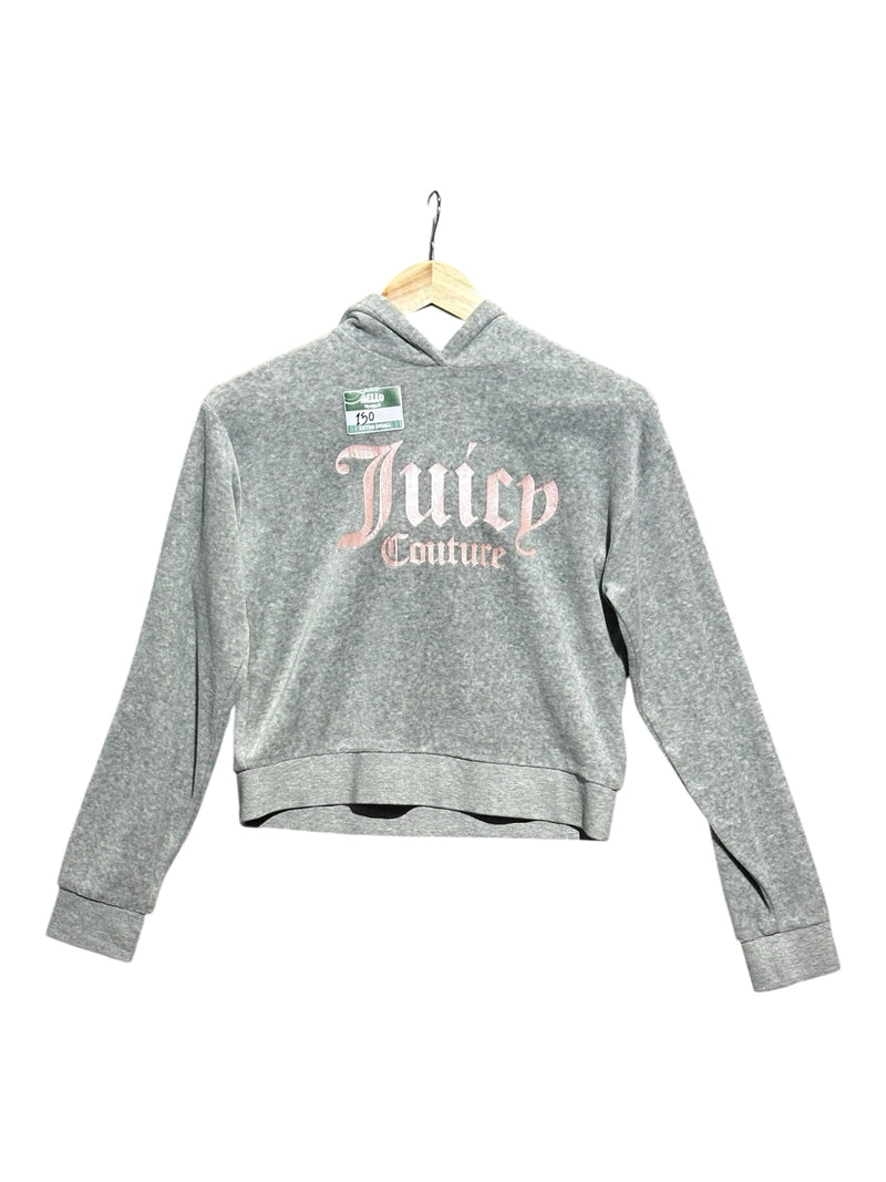 OutOf10 Juicy Couture heather grey velour cropped hoodie with metallic pink logo on chest hanging on a wooden hanger
