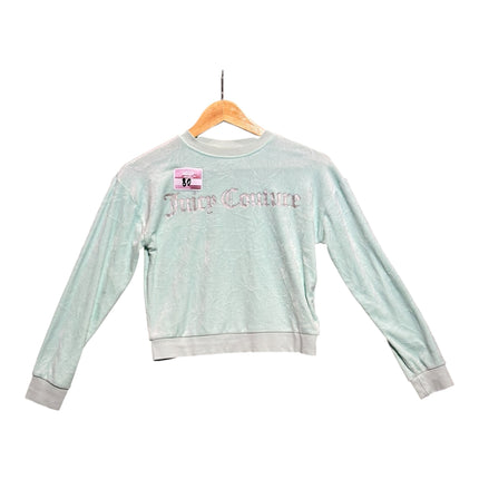 OutOf10 mint green Juicy Couture velour long sleeve sweatshirt with metallic silver logo on a wooden hanger.
