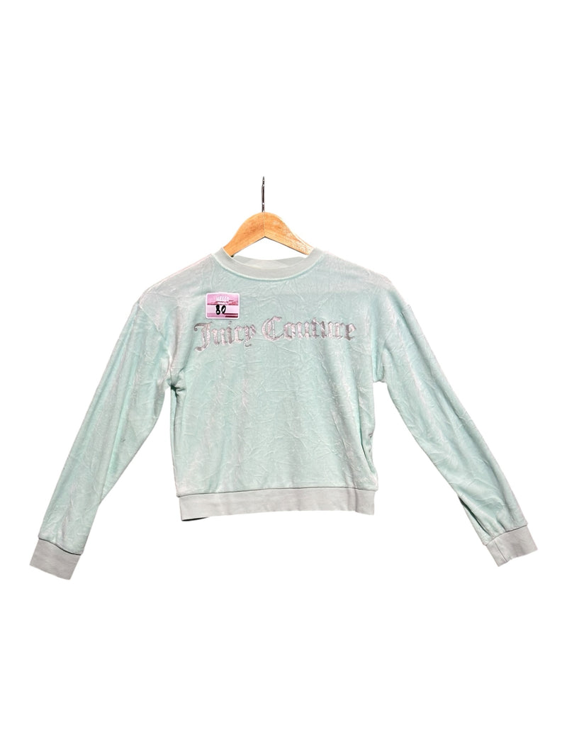OutOf10 mint green Juicy Couture velour long sleeve sweatshirt with metallic silver logo on a wooden hanger.