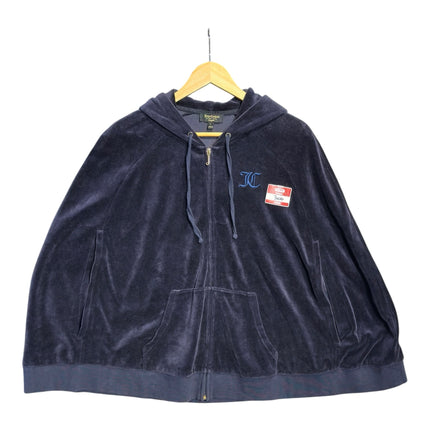 OutOf10 navy blue Juicy Couture velour zip-up hoodie with drawstring hood and chest embroidery on a wooden hanger
